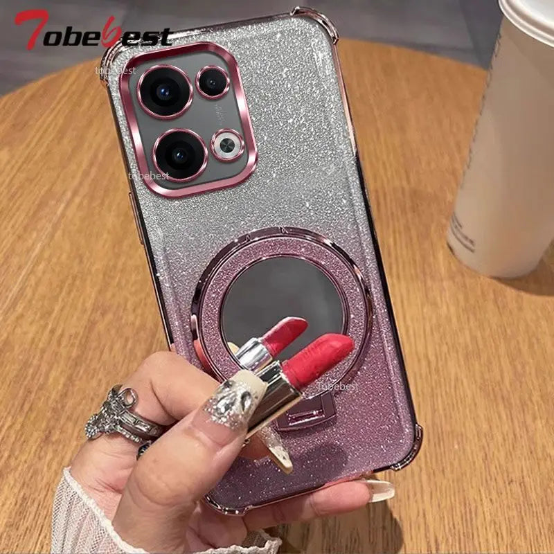 Glitter Shockproof Silicone Case For OPPO Reno 13 12 12F 11 11F 10 9 8 7 Pro Plus 4G 5G Mirror Magnetic Holder Stand Soft Cover