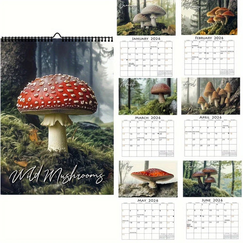 2026 Wild Mushroom Calendar - Red and white spotted mushroom，Including January to December and holidays