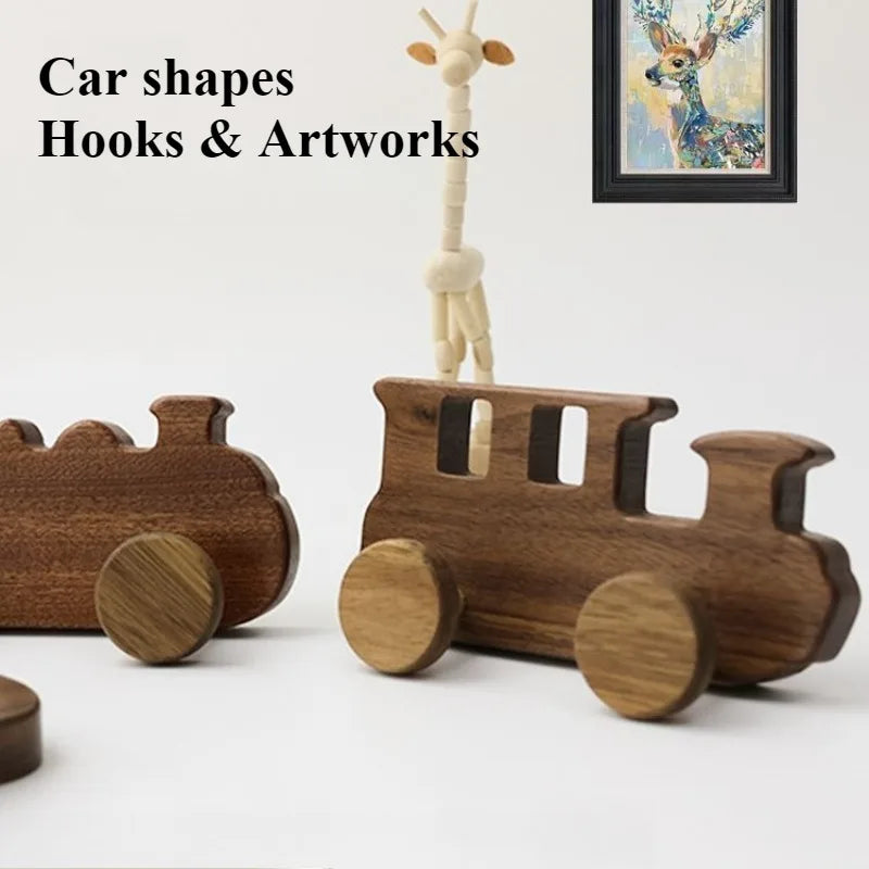 Walnut Wood Coat Racks Creative Locomotive Clothes Hook Retro Living Room Simple Wall Storage Hook Home Decoration Accessories