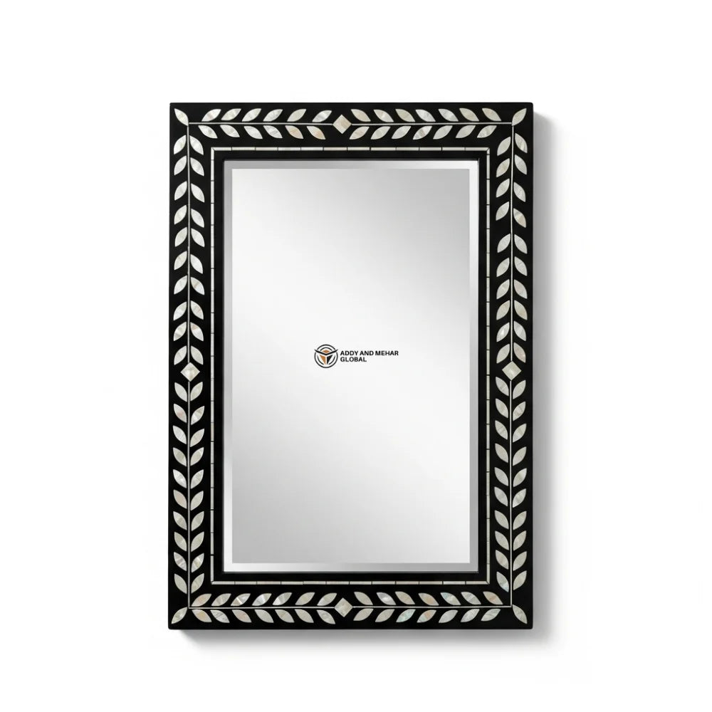 Luxury Art Deco Square Wedding MOP Inlay Decorative Mirror Intricate Leaf Motif Deep Black Wooden Frame Handmade Eco-Friendly
