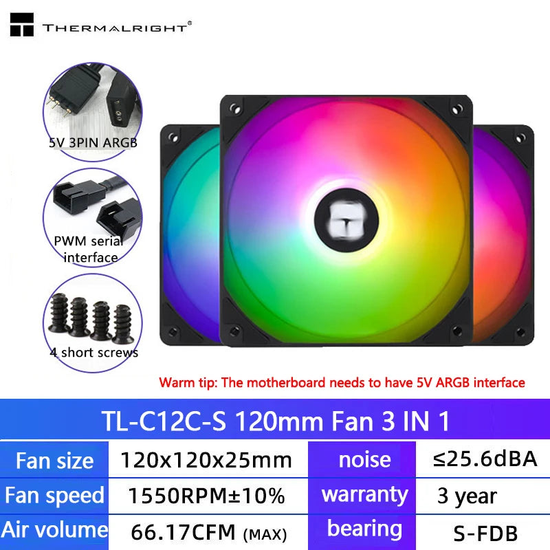 Thermalright TL-C12C PC Cooling Fan 120mm 5V 3PIN ARGB Computer Case Fan 4pin PWM 1550RPM Adjustable Speed 12cm CPU Cooler Fan