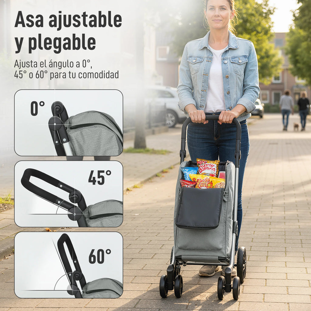 Homcom 46 L Folding Shopping Cart 3 in 1 Cart with 6 Wheels Thermal Bag and Adjustable Handle 44X58X100 cm Gray