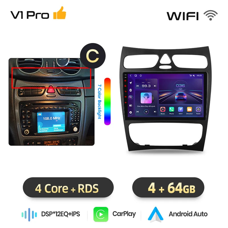 Junsun Wireless CarPlay Android Auto Car Radio For Mercedes-Benz C-Class (W203) / CLK-Class (C209/A209) 2000-2009 Built-in Cooling Fan Android GPS Navigation Multimedia Player WiFi DSP RDS BT SWC IPS Touch Screen Autoradio Vi