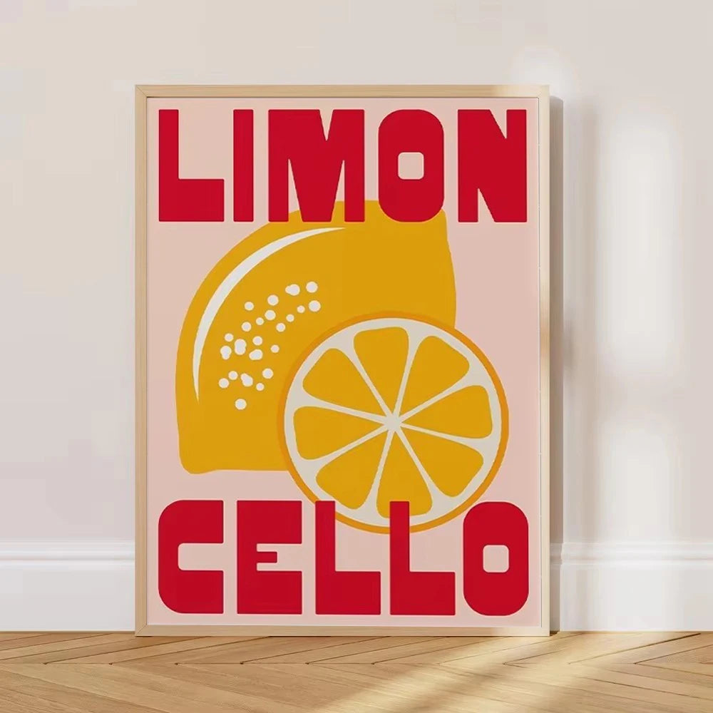 Retro Limon Cello Lemon Fruit Canvas Print Positano Lemon Strawberry Fruit Market Poster for Modern Bedroom Kitchen Home Decor