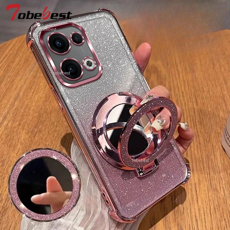 Glitter Shockproof Silicone Case For OPPO Reno 13 12 12F 11 11F 10 9 8 7 Pro Plus 4G 5G Mirror Magnetic Holder Stand Soft Cover