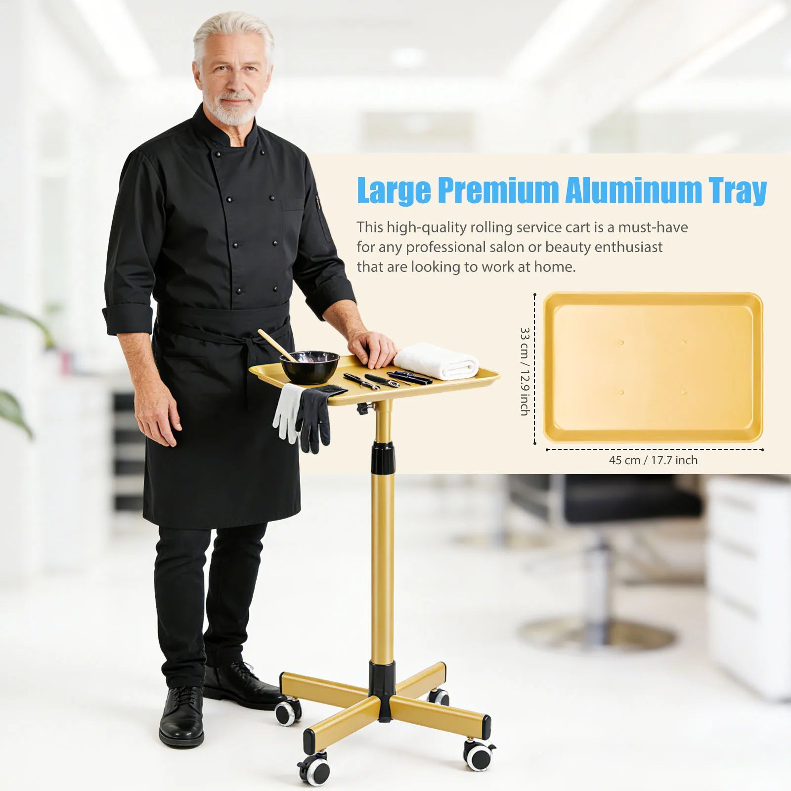 Heavy-Duty Adjustable Height Salon Cart with Large Aluminum Tray Mobile Service Trolley for Home Tattoo SPA