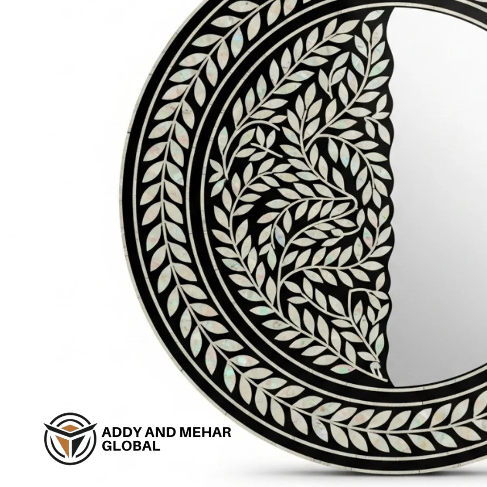 Luxury Round Mother of Pearl Inlay Handmade Shell Wall Mirror with Black Frame Art Deco Design Eco-Friendly Decorative