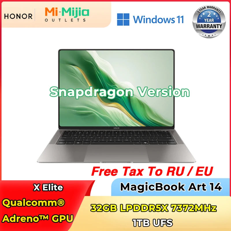 Honor MagicBook Art 14 Snapdragon Edition 1kg Ultra Thin Laptop X Elite 32G 1T 3.1K Eye Screen Notebook
