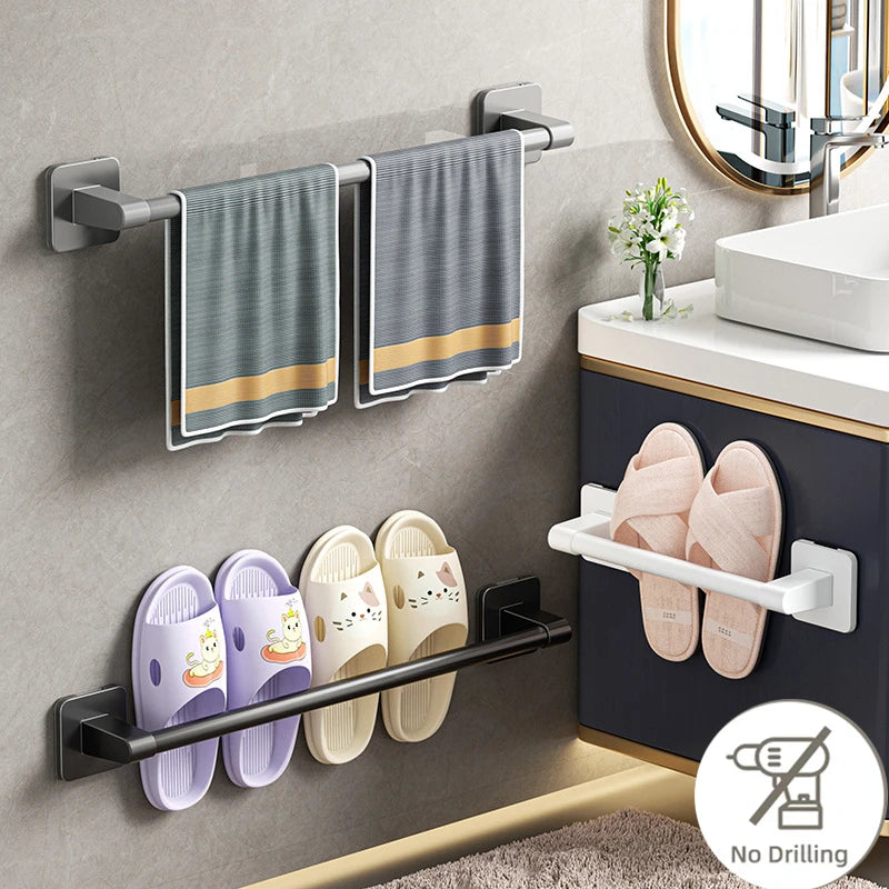 Without Drilling Bathroom Towel Holder Slipper Rack Holder Wall Mounted Towel Shelf Towel Bar Kitchen Bathroom Accessories