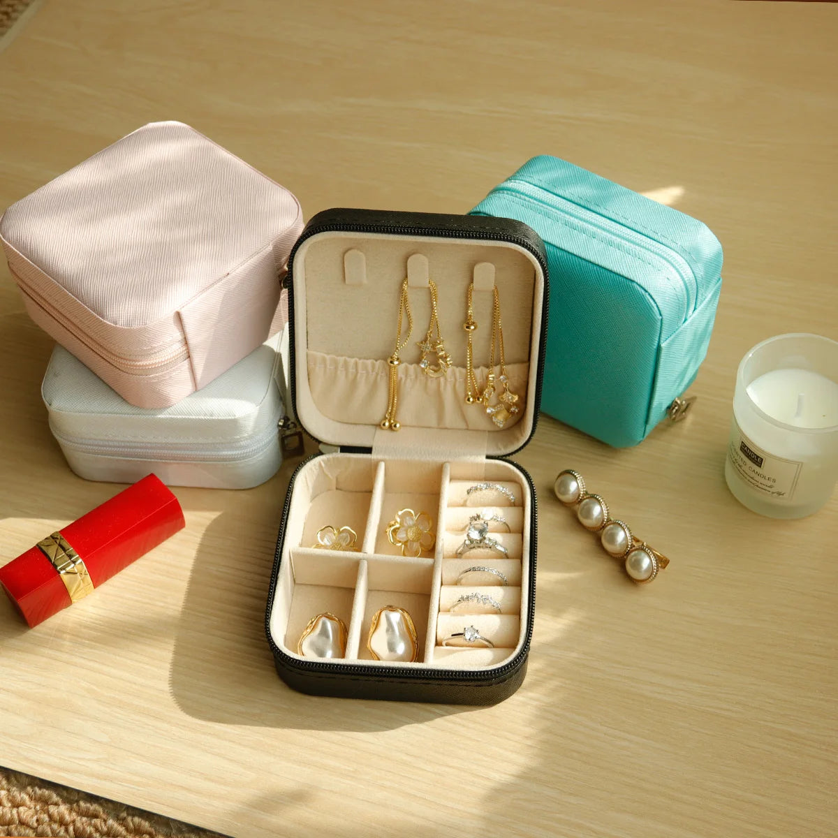 Mini jewelry storage box portable family travel earrings necklace storage box female ring organizer PU leather display box