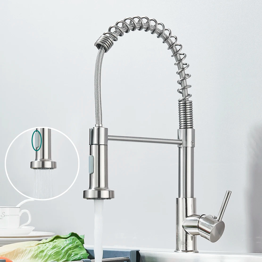 Kitchen Sink Faucet Pull Down Swivel Daul Spout Faucet Brass Deck Mounted Spring Single Handle Cold Hot Water Mixer Tap