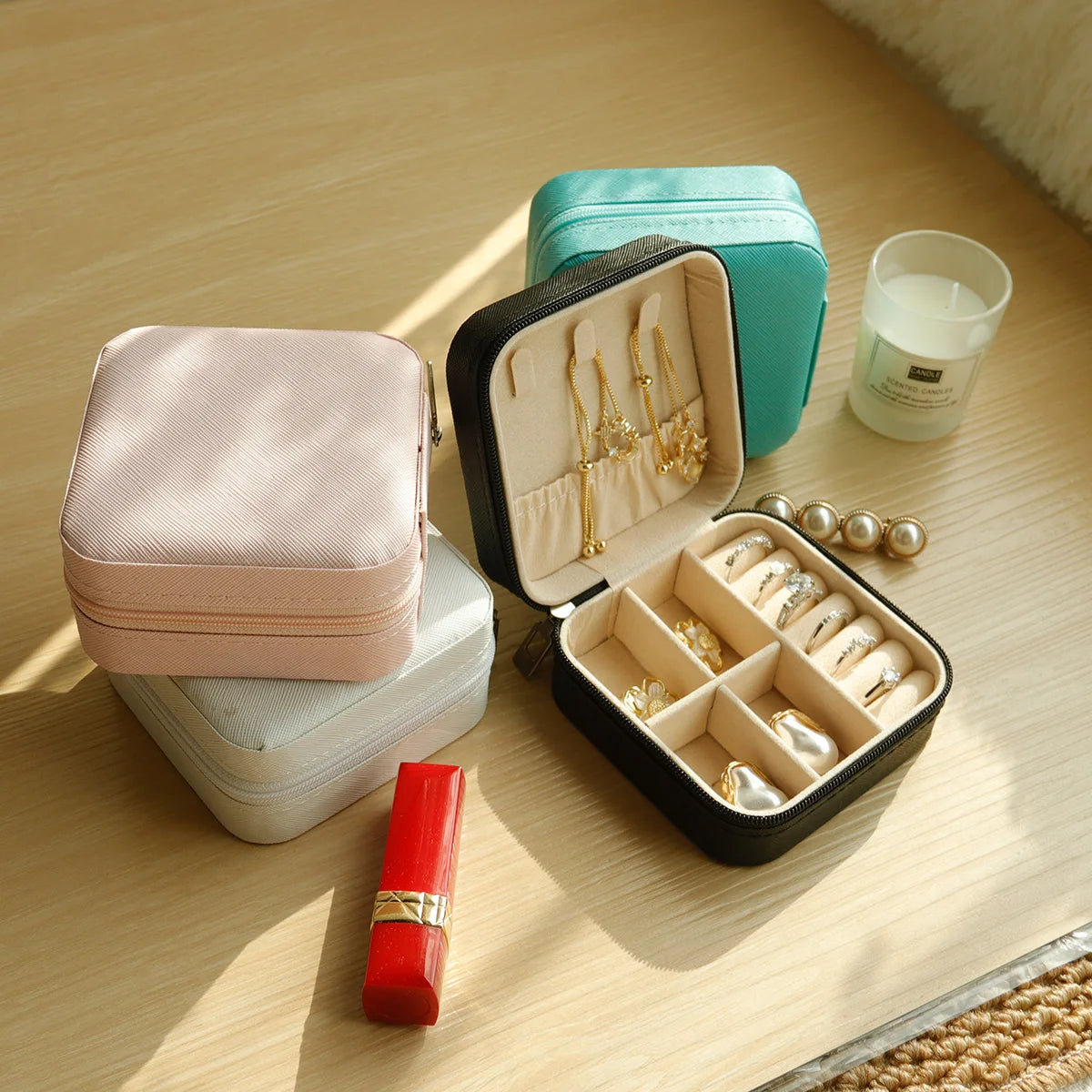 Mini jewelry storage box portable family travel earrings necklace storage box female ring organizer PU leather display box