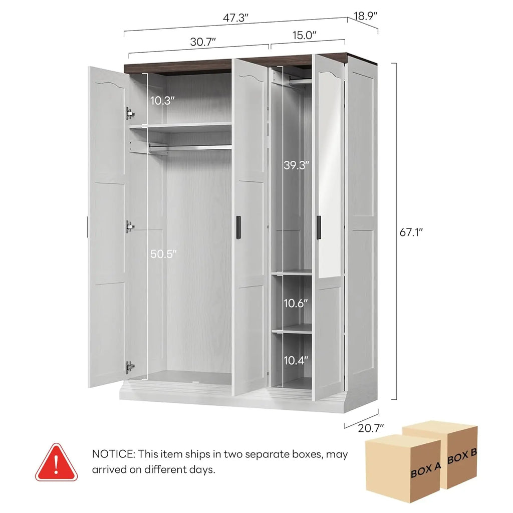 Large 3 Door Armoire Wardrobe Closet with Mirror White Bedroom Furniture Storage Solution for Organizing Clothes