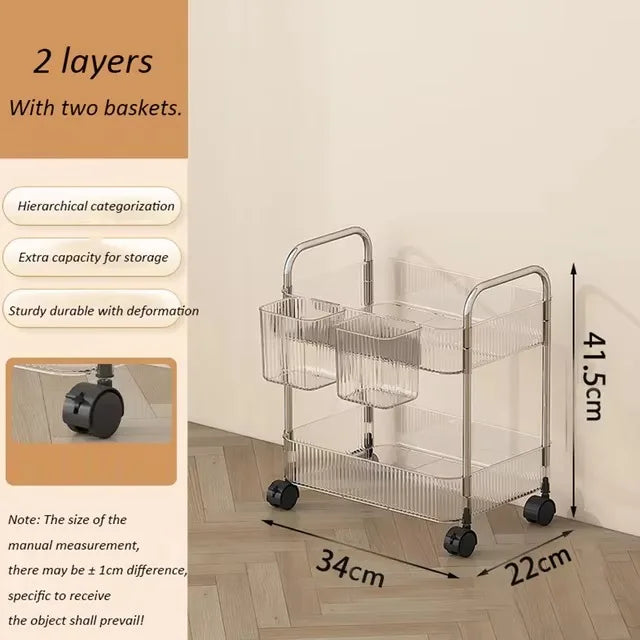 Multi-Layers Transparent Storage Rack with Wheels, Home Trolley Cart Suitable for Snacks Cosmetic Sundries and Kitchen Organizer