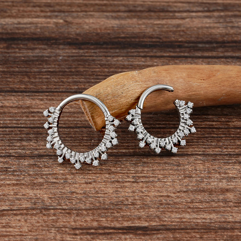 Right Grand ASTM F136 Titanium 16G CZ Hinged Clicker Segment Hoop Ring Sunburst CZ Daith Earring Septem Nose Piercing Jewelry