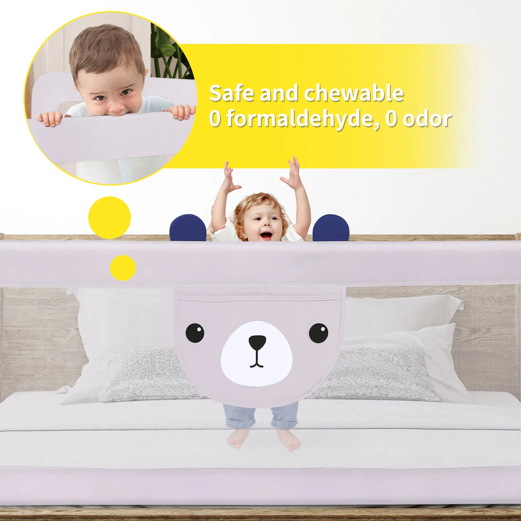 30-level adjustable baby bed barrier metal frame Anti-drop light gray breathable fabric with cute pattern, cm/cm