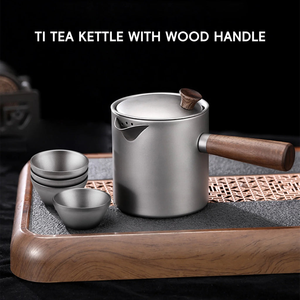 Tomshoo Titanium Kettles Wood Handle Titanium Teapot Portable Outdoor Camping Lightweight Coffee Pot With Fine Mesh Filter