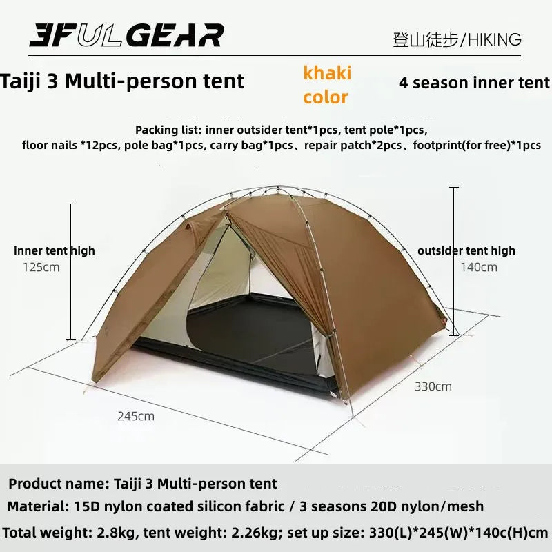 3F UL Gear Taiji3 Ultralight Tent 3/4 Season Portable Backpacking Tent for Multi person Double Layer Tent for Camping, Climbing