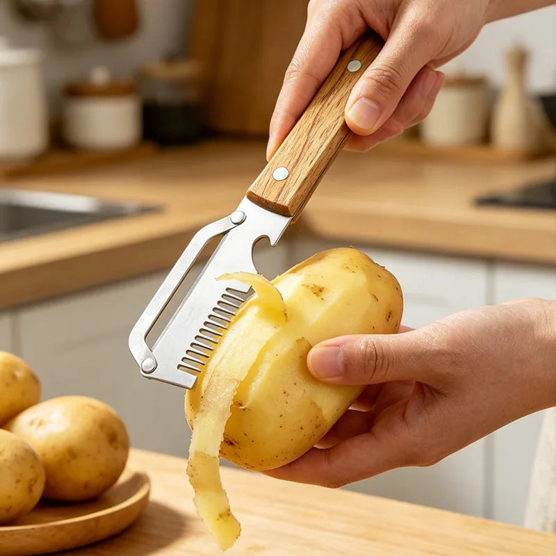 Multi-Functional Vegetable Peeler For Kitchen Ultra-Sharp Cutter Tool Stainless Steel Blade With Wooden Handle And Bottle Opener