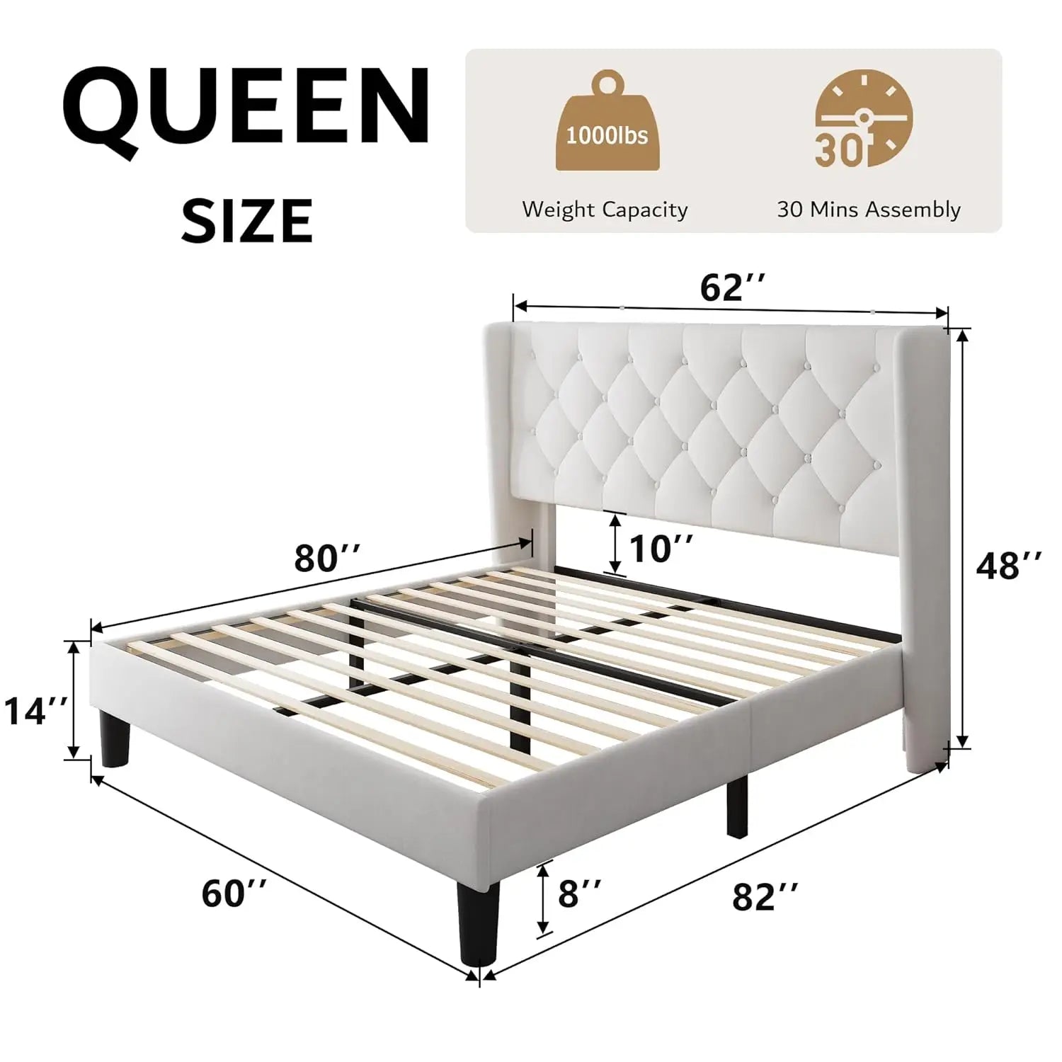 Queen Velvet Platform Bed Button Tufted Upholstered Frame Wooden Slats 8" Underbed Storage No Box Spring Noise Free Easy Assembl