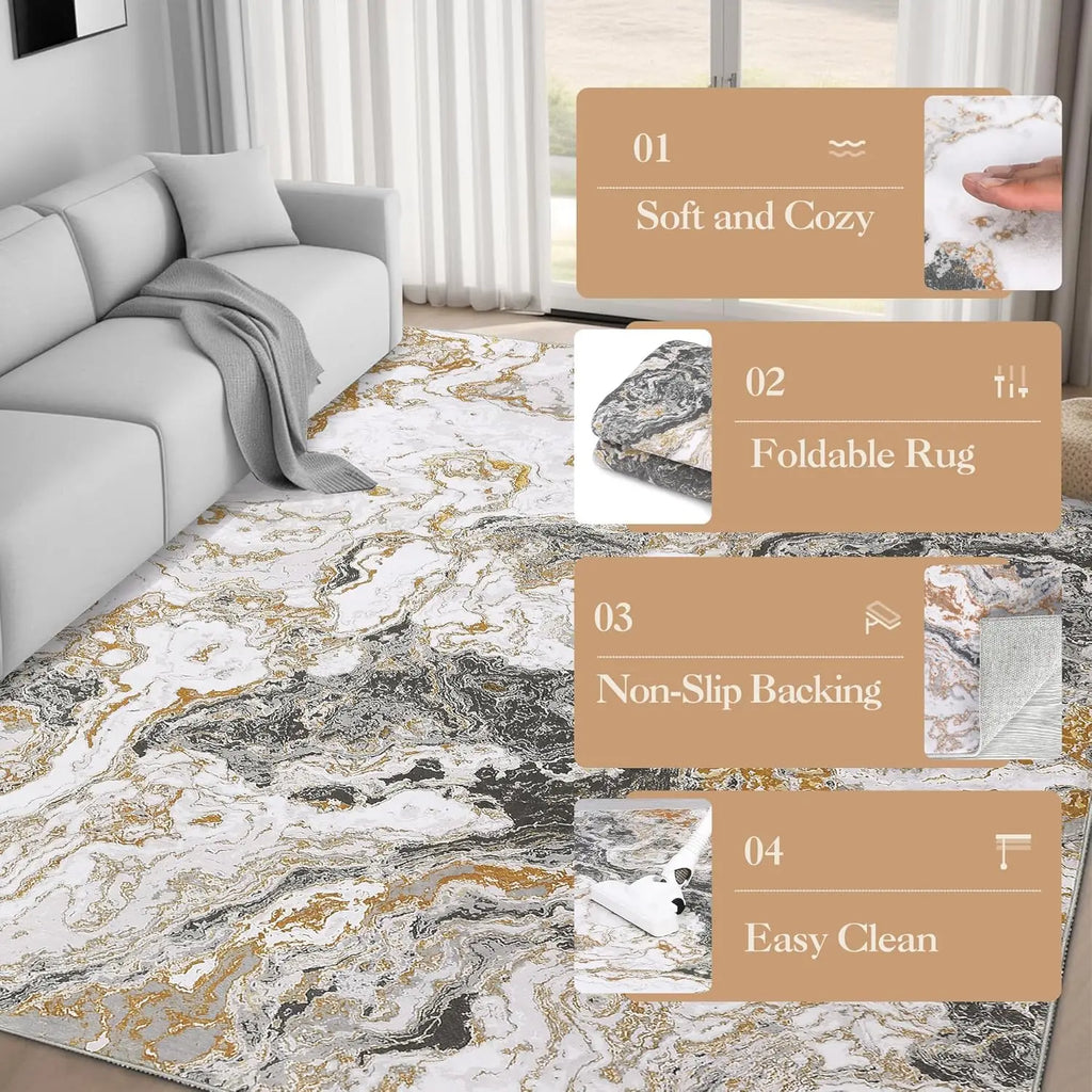 Washable Area Rug for Living Room,160x230cm,Non-Slip Low Pile Carpet,Soft Foldable Modern Rug with Reinforced Edges for Bedroom