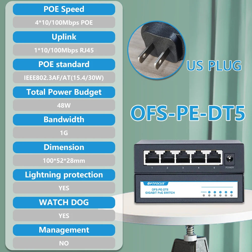 OPTFOCUS Free Shipping 48W POE Active Ethernet Switch 802.3af 802.3at ethernet hub splitter shunt power diverter deconcentrator