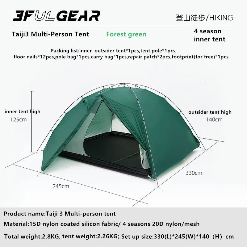 3F UL Gear Taiji3 Ultralight Tent 3/4 Season Portable Backpacking Tent for Multi person Double Layer Tent for Camping, Climbing