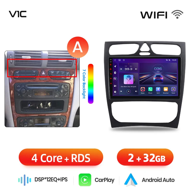 Junsun Wireless CarPlay Android Auto Car Radio For Mercedes-Benz C-Class (W203) / CLK-Class (C209/A209) 2000-2009 Built-in Cooling Fan Android GPS Navigation Multimedia Player WiFi DSP RDS BT SWC IPS Touch Screen Autoradio Vi