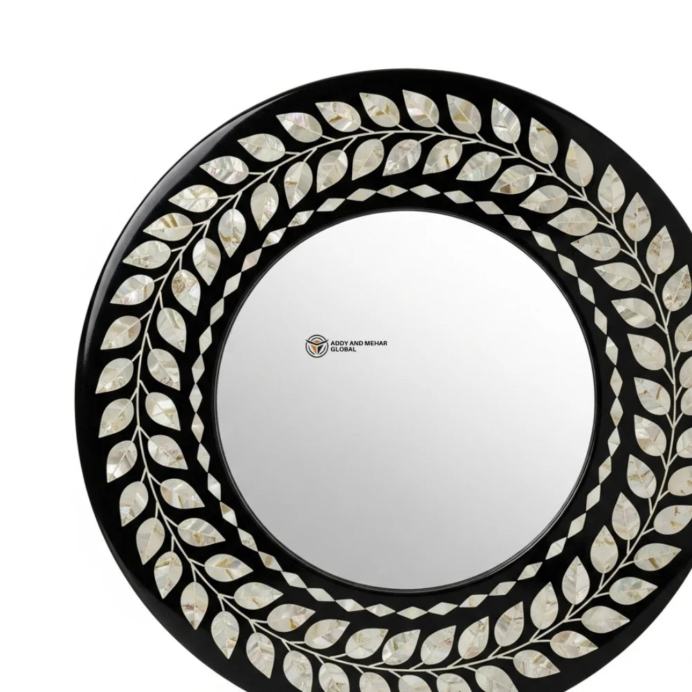 Artisan-Crafted Eco-Friendly Square Art Deco Wall Mirror with Intricate Ivory Vine Inlay on Deep Black Frame for Wedding Decor
