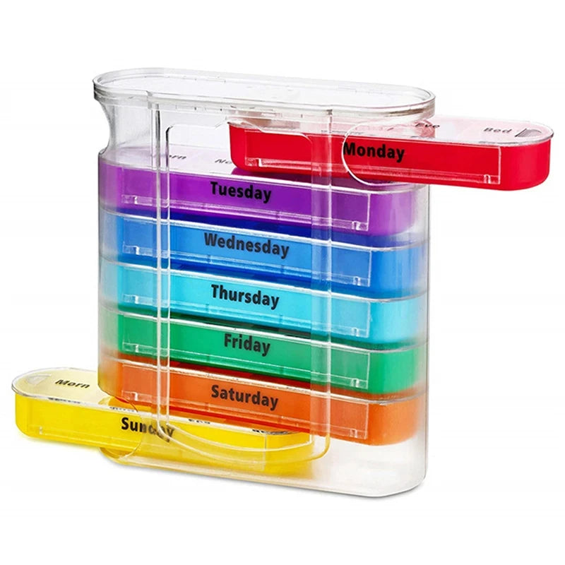 Portable 7 Days Pill Box – Colorful Stackable Design, 4 Times a Day Medicine Organizer, Plastic Storage Dispenser