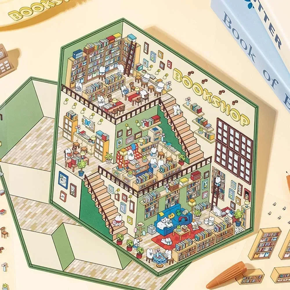 New Cartoon 3D Landscape Sticker Book Three-dimensional DIY Cabin Scene Pocket Sticker Miniature Scene Book Student Kid Child
