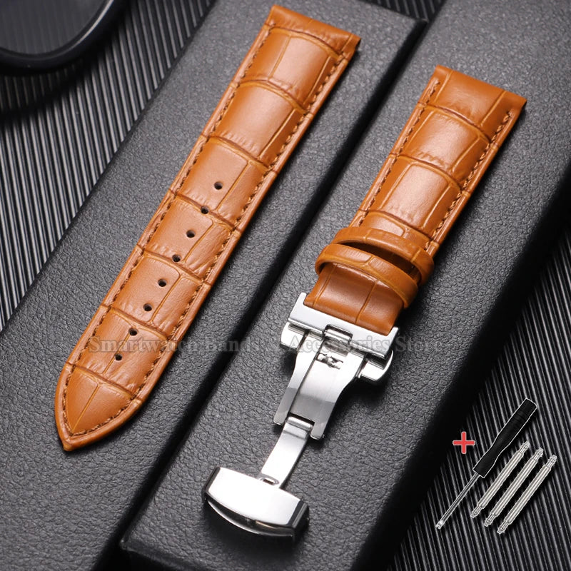 10/12/14/15/16/17/18/19/20/21/22/23/24mm Cowhide Leather Watch Strap Waterproof Sport Wrist Band Metal Butterfly Buckle Bracelet