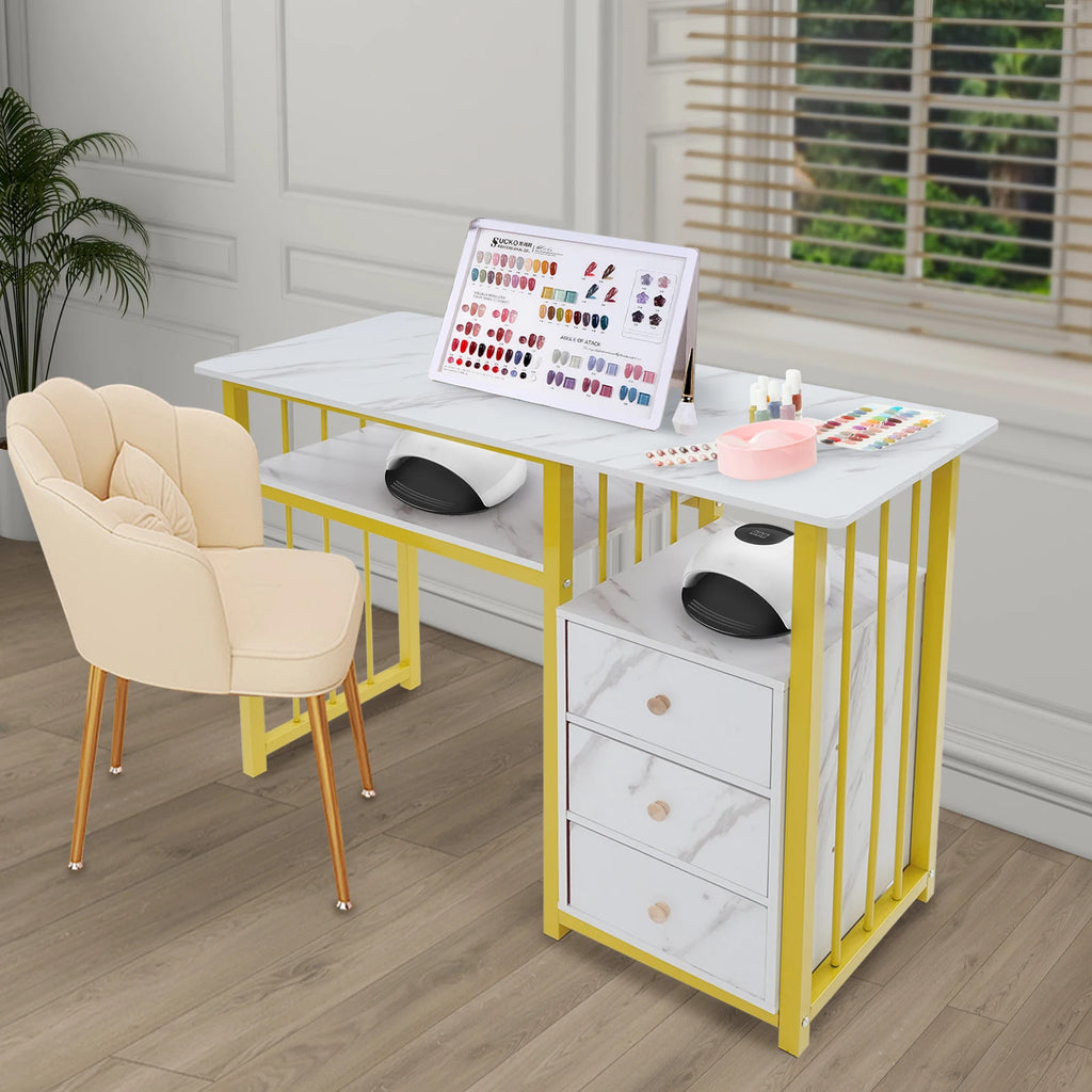 Nail Desk Marbling Texture Manicure Desk with 3 Drawers for living rooms, offices, nail salons, beauty salons, etc.