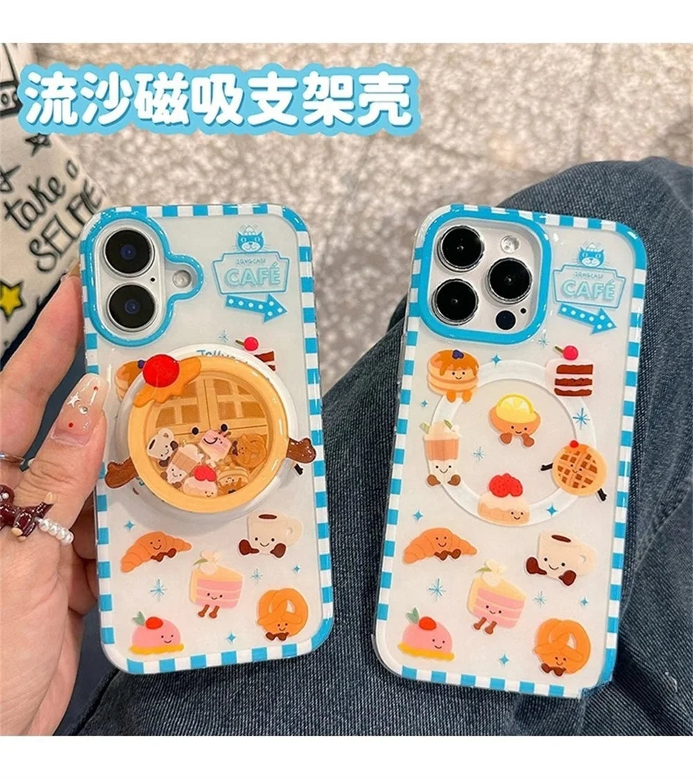 Cute Cartoon Cake Bread Magsafe Wireless Charge Case For iPhone 13 14 15 16 17Pro Max Plus 3d Funny Waffle Shake Magnetic Holder