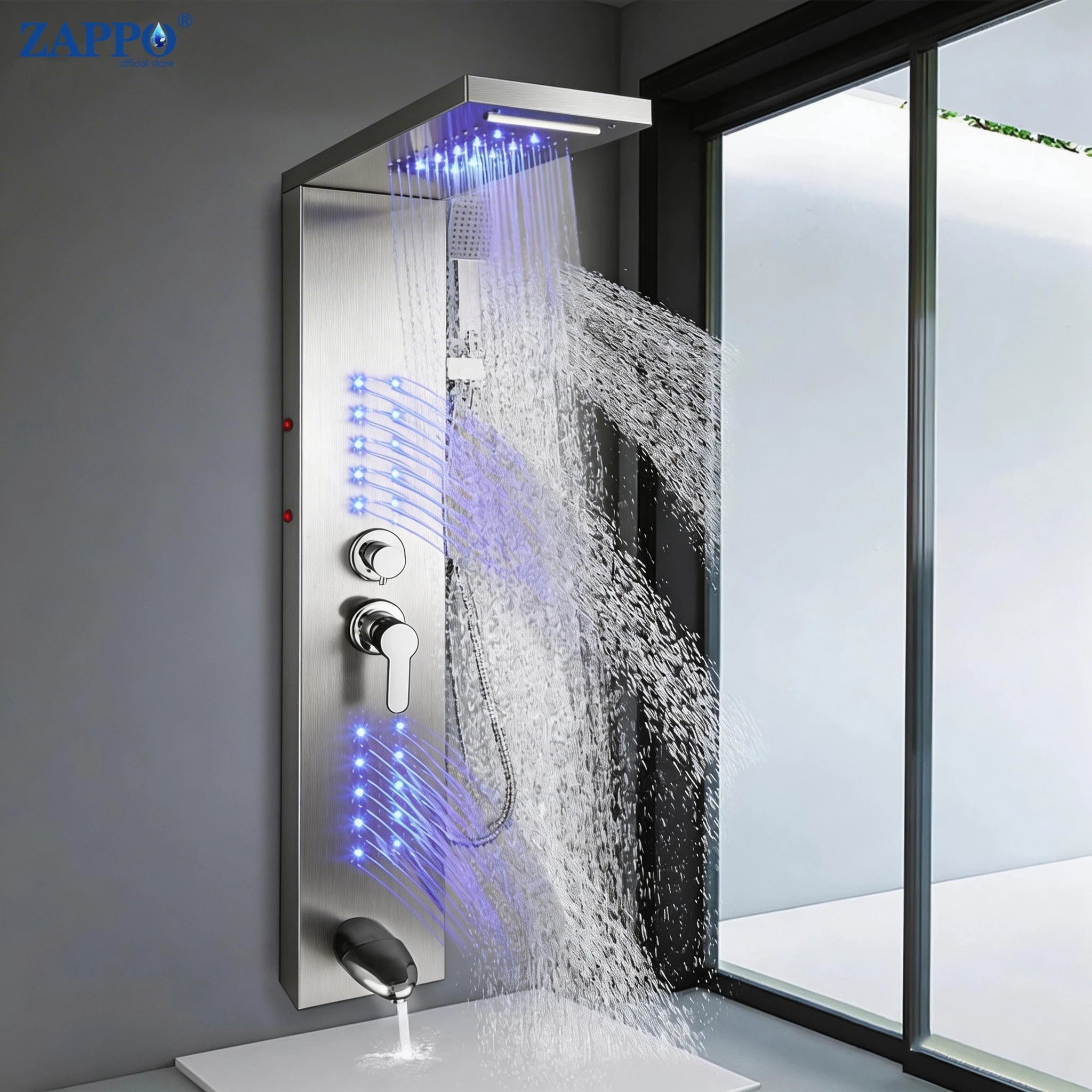 ZAPPO Shower Panel Tower System with LED Rainfall Waterfall Head LED Full Body Jets System Handheld Shower Column w/Tub Spout