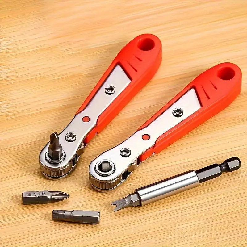A Red Multifunctional Bidirectional Ratchet Screwdriver Right Angle Magnetic Wrench Cross Shaped Short Screw red Tool