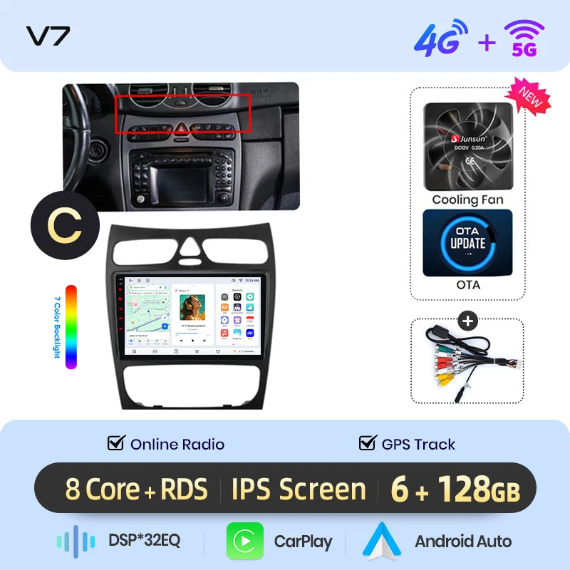 Junsun Wireless CarPlay Android Auto Car Radio For Mercedes-Benz C-Class (W203) / CLK-Class (C209/A209) 2000-2009 Built-in Cooling Fan Android GPS Navigation Multimedia Player WiFi DSP RDS BT SWC IPS Touch Screen Autoradio Vi