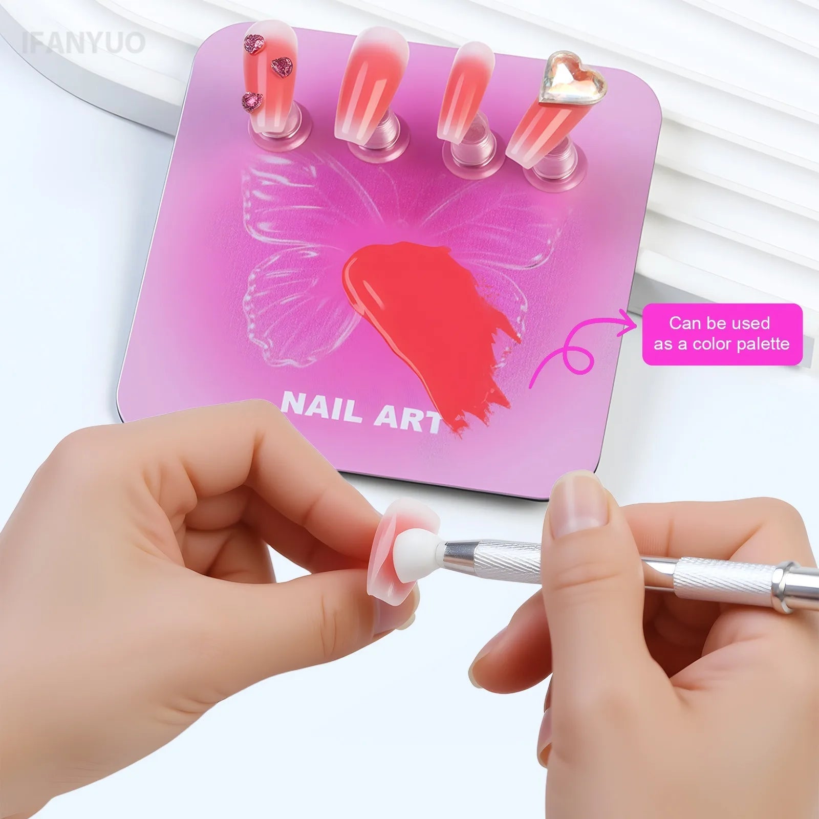 Pink Butterfly Nail Holder 6Pcs/Set False Nail Tip Practice Stand Aurora Base Full Magnetic Holder Tray Nail Art Salon Practice
