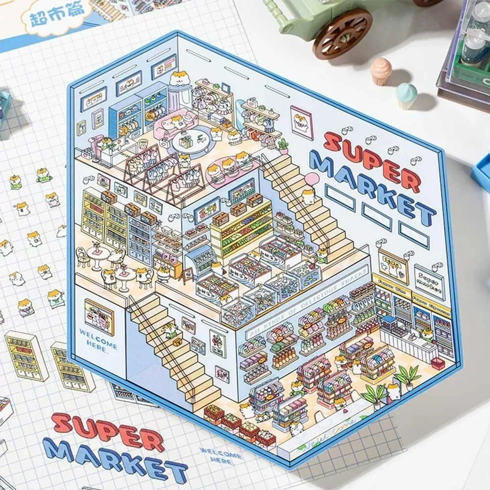 New Cartoon 3D Landscape Sticker Book Three-dimensional DIY Cabin Scene Pocket Sticker Miniature Scene Book Student Kid Child