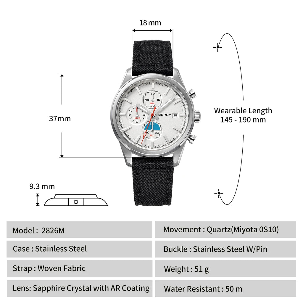 BERNY Top Quartz Chronograph Men's Watches Luminous Miyota 0S10 Sapphire AR Coated 5ATM Waterproof 2026 New Sports Men's Watches