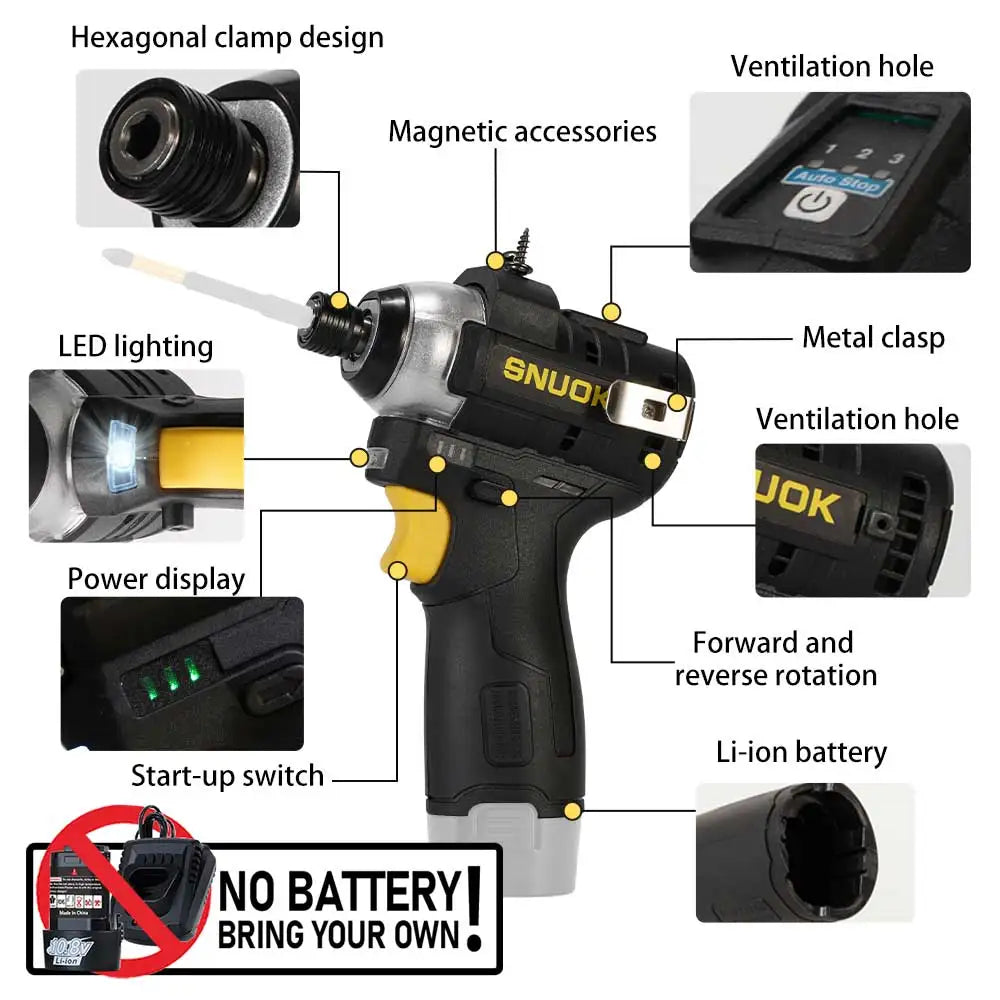 SUNOK10.8V Brushless Electric Screwdriver 1/4 Inch 120N. M Multifunctional Handheld Impact Power Tool for Makita Lithium Battery