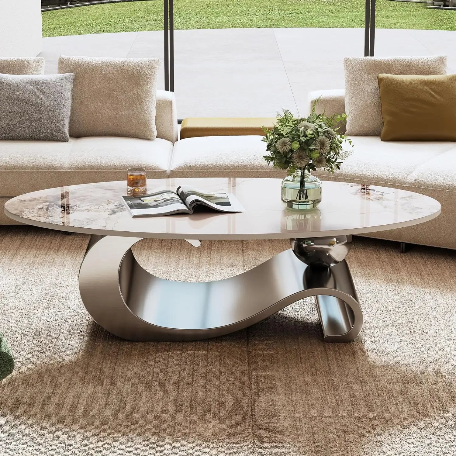 Modern Coffee Table with Silver Stainless Steel Pedestal,Oval Living Room Table with Faux Marble Top & Luxury, Customized