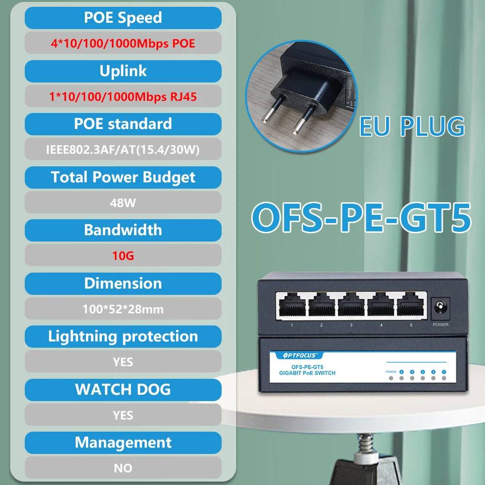 OPTFOCUS Free Shipping 48W POE Active Ethernet Switch 802.3af 802.3at ethernet hub splitter shunt power diverter deconcentrator