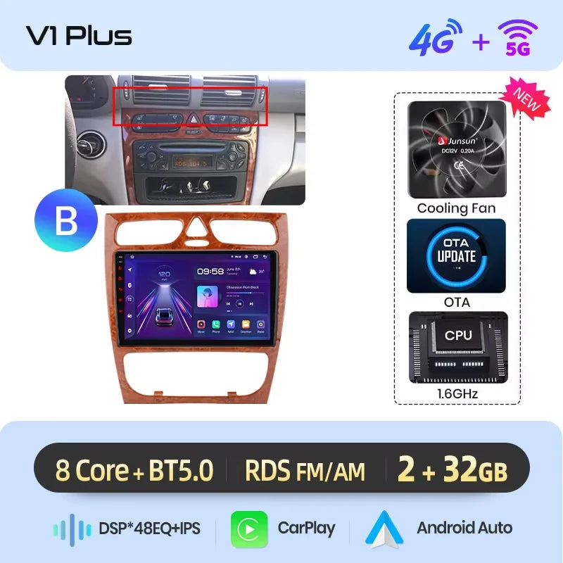 Junsun Wireless CarPlay Android Auto Car Radio For Mercedes-Benz C-Class (W203) / CLK-Class (C209/A209) 2000-2009 Built-in Cooling Fan Android GPS Navigation Multimedia Player WiFi DSP RDS BT SWC IPS Touch Screen Autoradio Vi