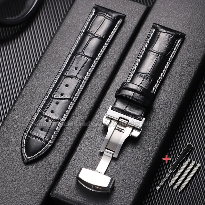 10/12/14/15/16/17/18/19/20/21/22/23/24mm Cowhide Leather Watch Strap Waterproof Sport Wrist Band Metal Butterfly Buckle Bracelet
