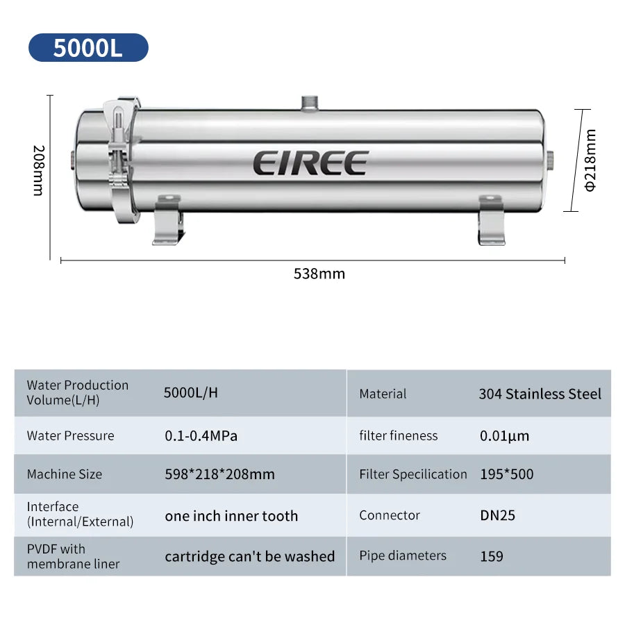 5000L/H Whole House Pipeline Water Filter 304 Stainless Steel Central Purifier 0.01μm UF Membrane Water Purifier