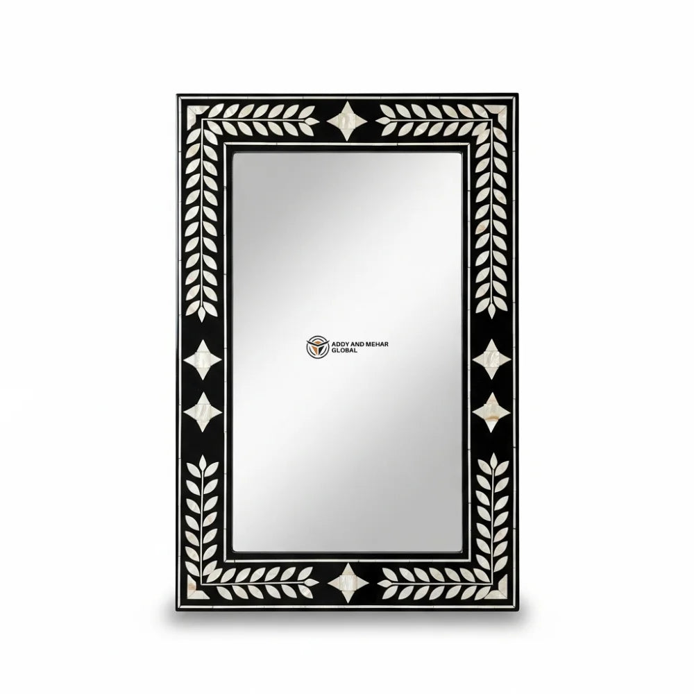 Handcrafted Art Deco Square Black Ivory Laurel Inlay Eco-Friendly Framed 5mm Thick Decorative Wall Mirror Geometric Star Accents