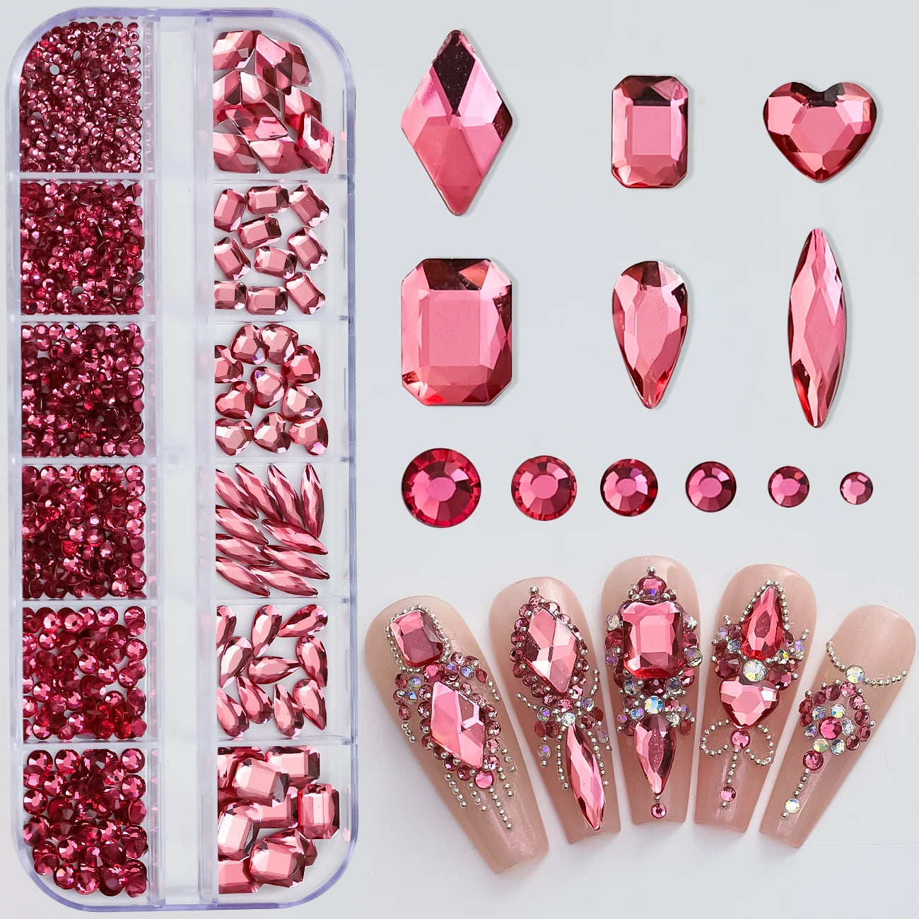 12Grids 3D Pink Nail Art Rhinestones Flatback Glass Gems Stones Nail Art Decorations Luxurious Diamond DIY Manicure Accessories
