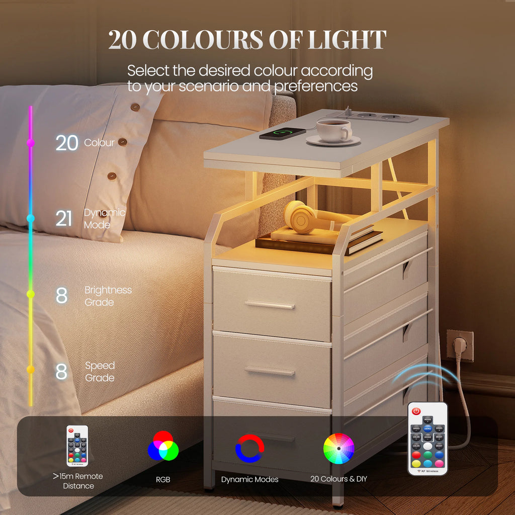 Side Table with Power Strip, Bedside Table with LED Light, Nightstand with 3 Drawers, 2 AC Outlets and 2 USB Ports