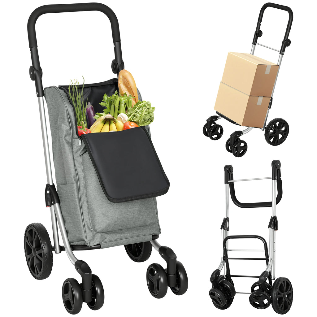 Homcom 46 L Folding Shopping Cart 3 in 1 Cart with 6 Wheels Thermal Bag and Adjustable Handle 44X58X100 cm Gray